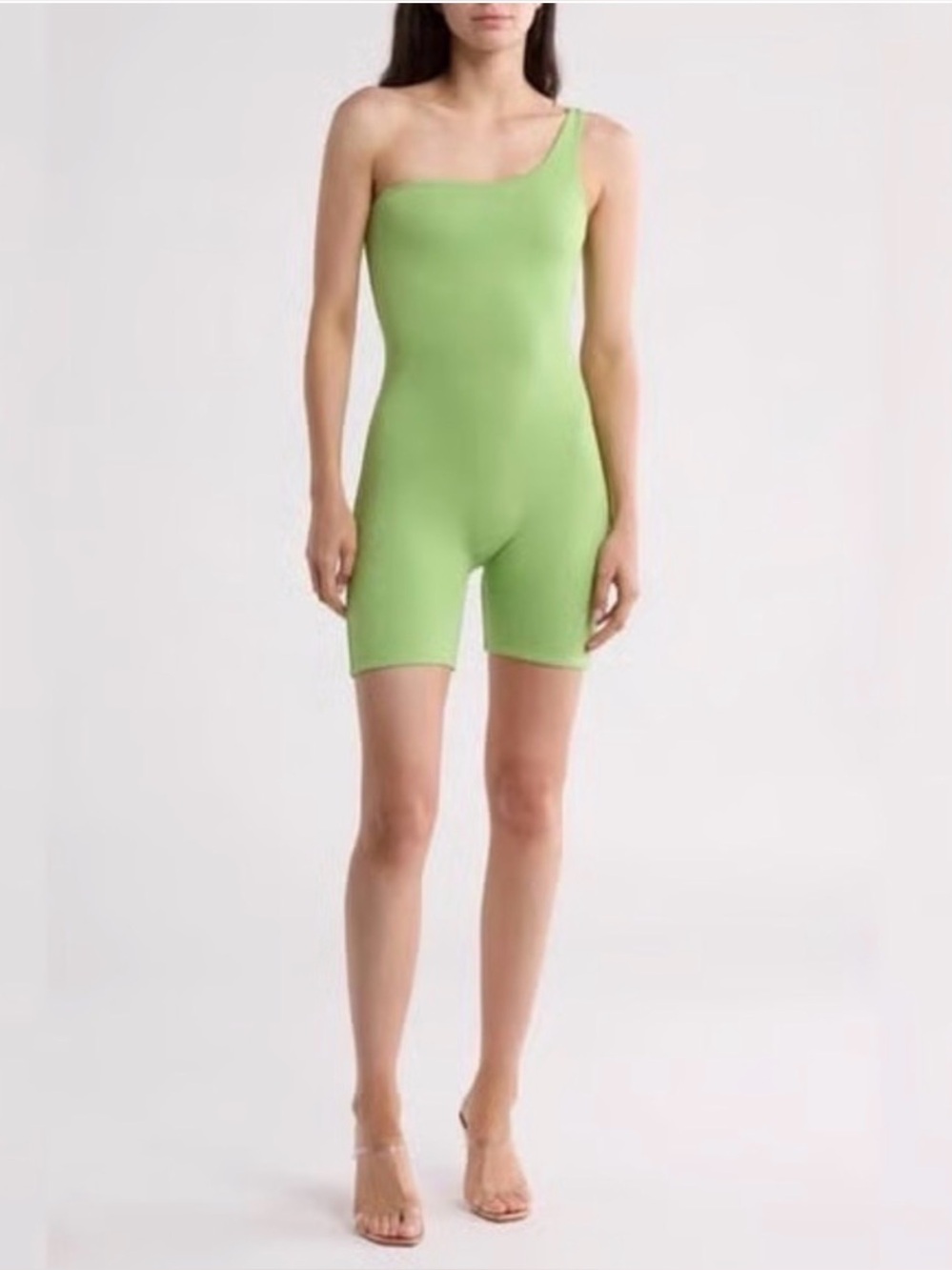 NAKED WARDROBE |   One-Shoulder Lime Green Stretch Bodysuit Romper S‎